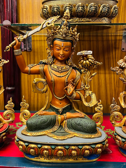 Manjushri Five Deities Set Buddha Statues 34cm / 13.4" Hand-Carved Copper Painted with Gilded Accents – Shakya Clan Masterwork Nepal