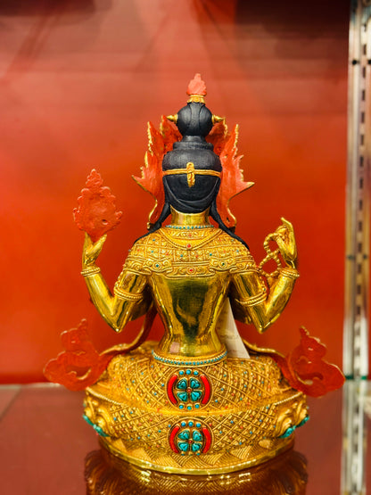 Chenrezig Buddha Statue 33cm / 13" Hand-Carved Copper Gilded with Gemstone Inlay – Four-Armed Avalokiteshvara Masterwork Botree Arts