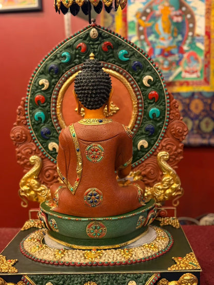 80cm Gilded Copper Painted Shakyamuni Buddha Statue with Vajrasana Throne – 46cm Figure, Tibetan Style Masterwork Himalayan Art Nepal