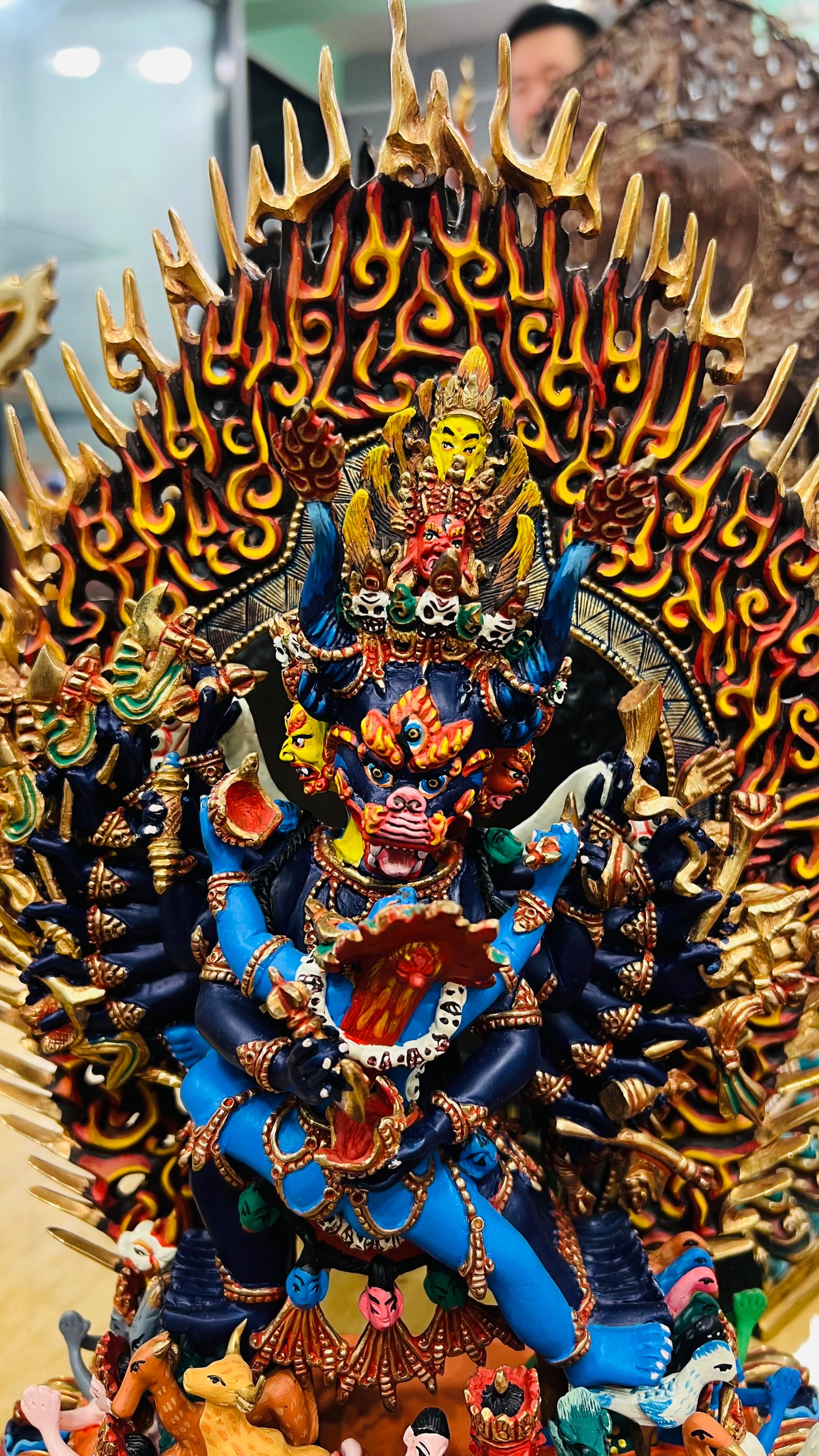Yamantaka Yab-Yum Statue 37cm / 14.6" Hand-Carved Copper Painted – Vajrabhairava Artisan Masterwork Nepal – Handmade Tibetan Buddhist Statue, Lost-Wax Cast Himalayan Art from Nepal