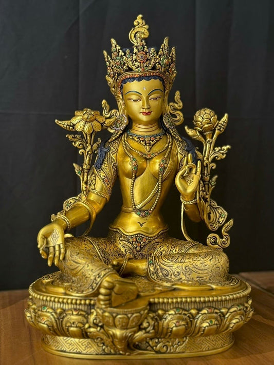 Green Tara (Mother of Liberation) Buddha Statue 36cm / 14.2" Hand-Carved Copper Gilded Painted with Gemstone Inlay – Masterwork by PaTam Himalayan Art Nepal | Bo Tree Arts