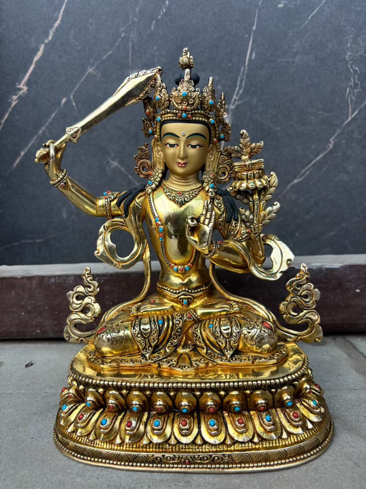 Manjushri (Bodhisattva of Wisdom) Buddha Statue 23cm / 9" Hand-Carved Copper Gilded with Double Lotus Throne – Ancient Technique Masterwork – Handmade Tibetan Buddhist Statue, Lost-Wax Cast Himalayan Art from Nepal
