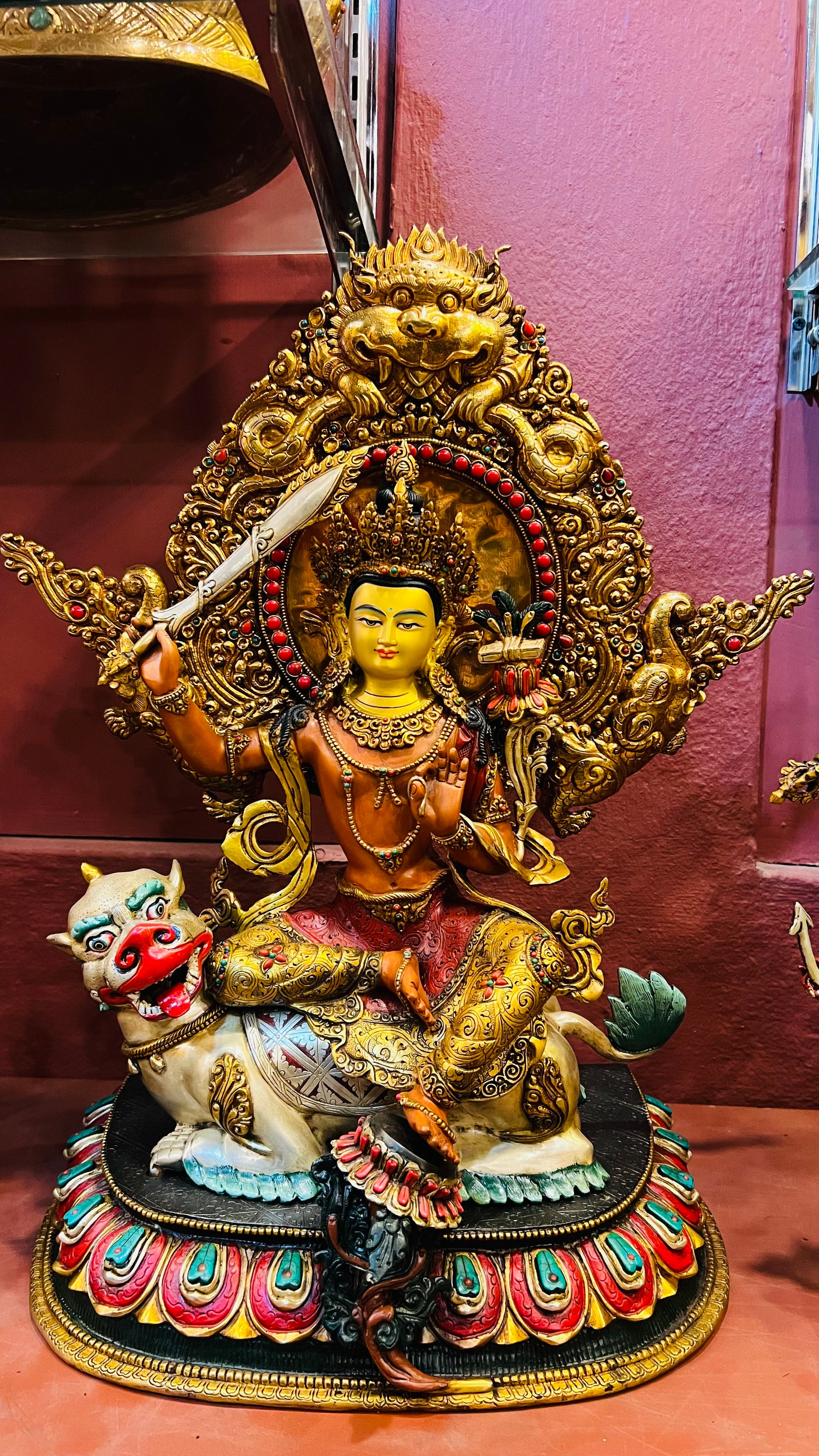 50cm Simhanada Manjushri Riding a Lion Statue Hand-Carved Copper Painted with Mandorla – Tibetan Style Wisdom Bodhisattva Masterwork Nepal | Bo Tree Arts