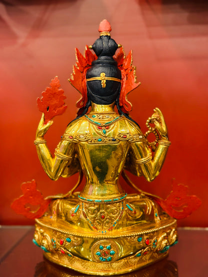 Chenrezig Buddha Statue 33cm / 13" Hand-Carved Copper Gilded with Gemstone Inlay – Serene Expression Masterwork Botree Arts Nepal