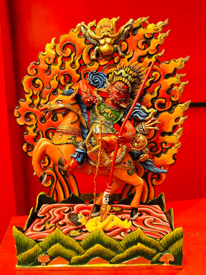 Tsamen Buddha Statue 33cm / 13" Hand-Carved Copper Painted – Red Protector on Horseback Masterwork Handmade in Nepal