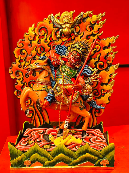 Tsamen Buddha Statue 33cm / 13" Hand-Carved Copper Painted – Red Protector on Horseback Masterwork Handmade in Nepal | Bo Tree Arts
