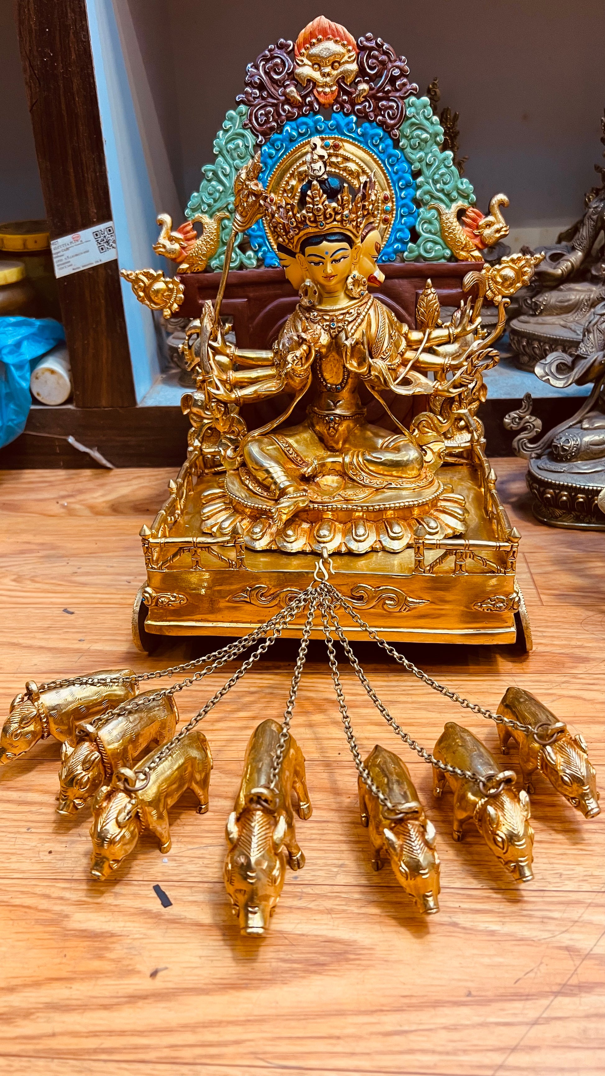 Marichi Buddha Statue 33cm / 13" Hand-Carved Copper Gilded with Mandorla – Light Goddess with Chariot Masterwork Sculpture | Bo Tree Arts