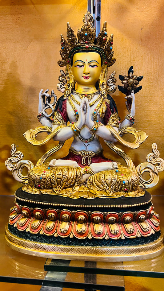 Chenrezig Buddha Statue 33cm / 13" Hand-Carved Copper Painted – Ancient Technique Masterwork Botree Arts Nepal | Bo Tree Arts