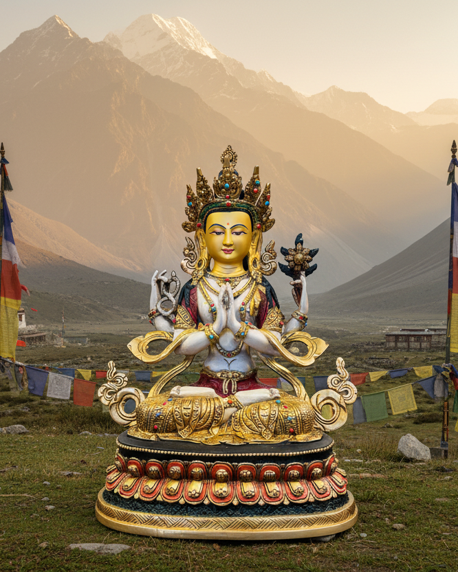 Chenrezig Buddha Statue 33cm / 13" Hand-Carved Copper Painted – Ancient Technique Masterwork Botree Arts Nepal – Handmade Tibetan Buddhist Statue, Lost-Wax Cast Himalayan Art from Nepal