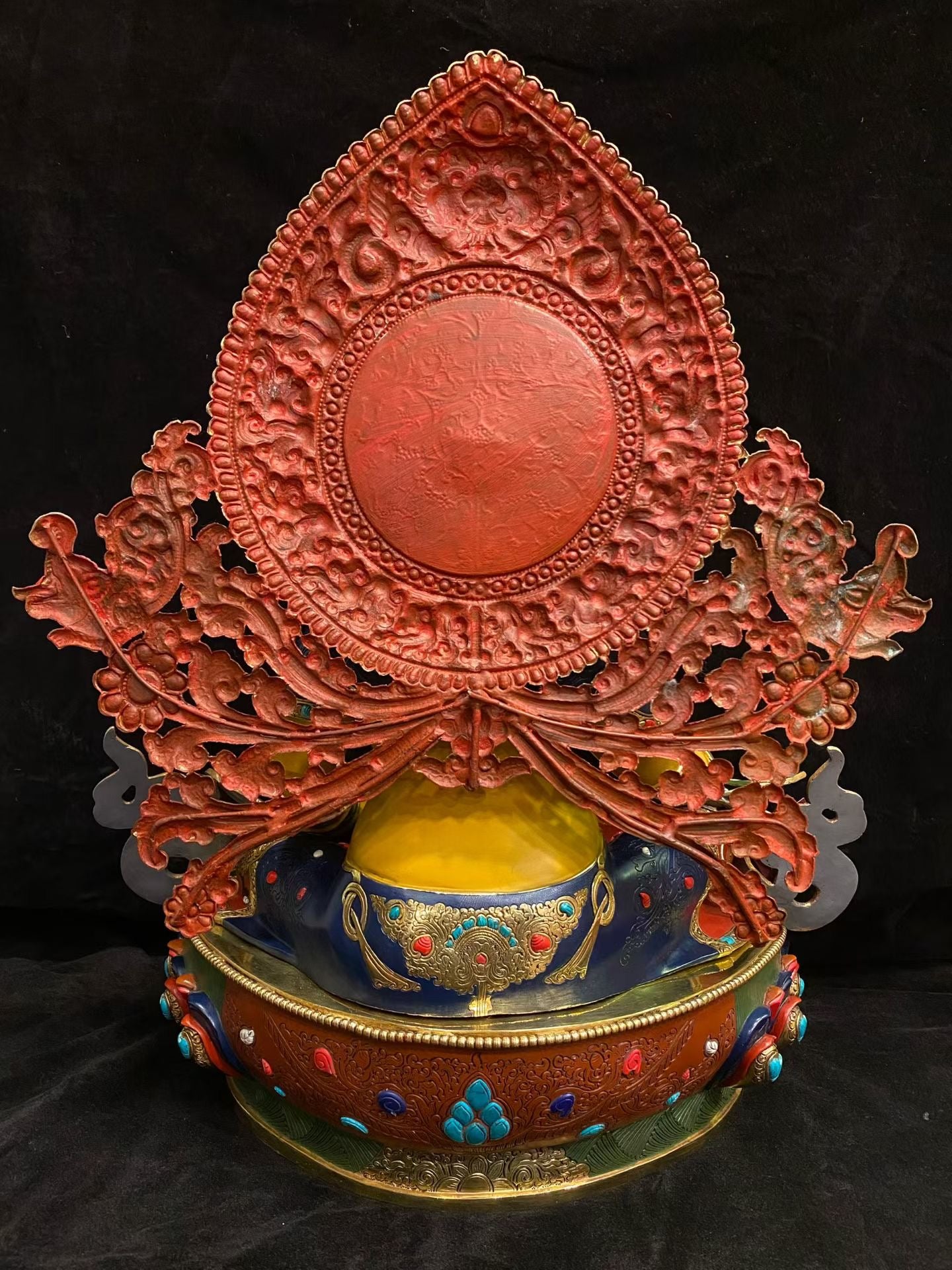 Yellow Jambhala (Wealth Deity) Buddha Statue 55cm / 21.7" Hand-Carved Copper Gilded Painted with Mandorla – Unique Himalayan Art Nepal – Handmade Tibetan Buddhist Statue, Lost-Wax Cast Himalayan Art from Nepal
