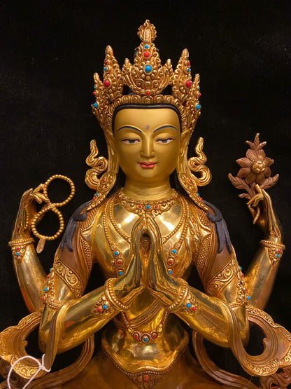 Four-Armed Avalokiteshvara (Chenrezig) Statue 45cm / 17.7" Hand-Carved Pure Copper Partially Gilded – Himalayan Art Nepal
