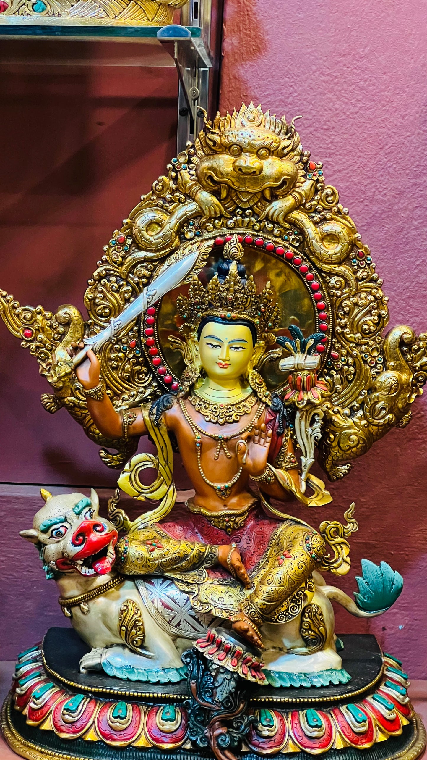 50cm Simhanada Manjushri Riding a Lion Statue Hand-Carved Copper Painted with Mandorla – Tibetan Style Wisdom Bodhisattva Masterwork Nepal – Handmade Tibetan Buddhist Statue, Lost-Wax Cast Himalayan Art from Nepal