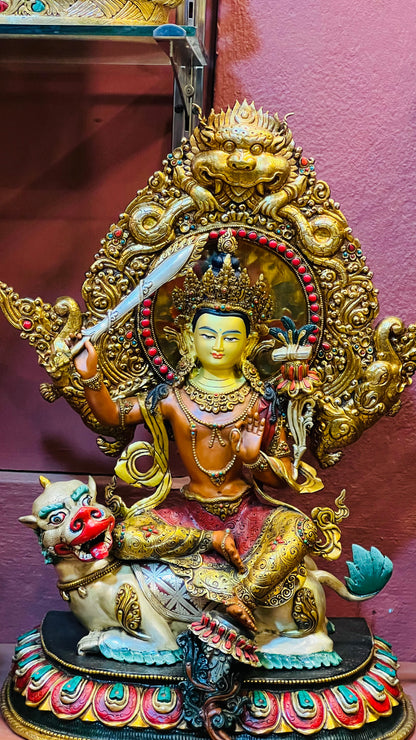 50cm Simhanada Manjushri Riding a Lion Statue Hand-Carved Copper Painted with Mandorla – Tibetan Style Wisdom Bodhisattva Masterwork Nepal