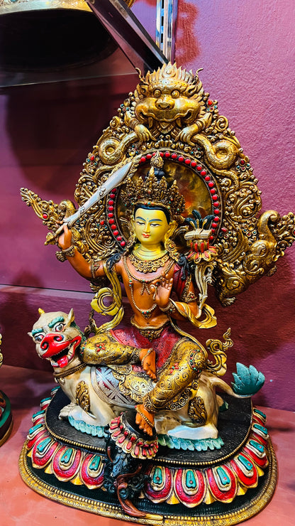 50cm Simhanada Manjushri Riding a Lion Statue Hand-Carved Copper Painted with Mandorla – Tibetan Style Wisdom Bodhisattva Masterwork Nepal