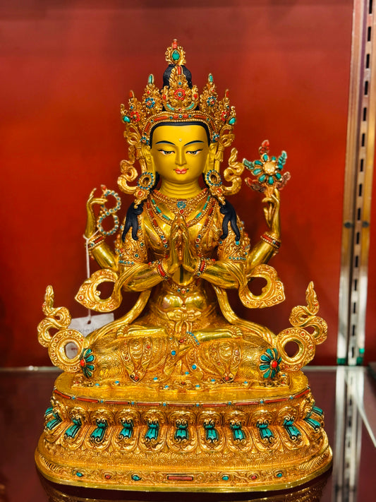 Chenrezig Buddha Statue 33cm / 13" Hand-Carved Copper Gilded  – Four-Armed Avalokiteshvara Handmade in Nepal | Bo Tree Arts