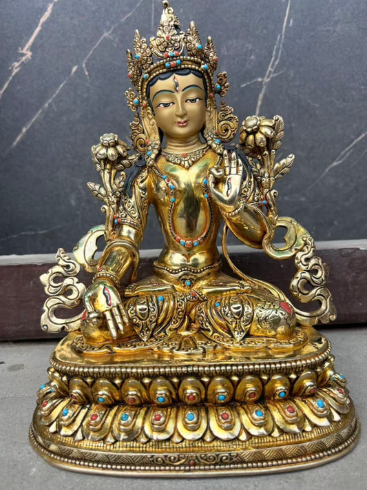 White Tara (Mother of Long Life) Buddha Statue 23cm / 9" Hand-Carved Copper Gilded – Double Lotus Throne Ancient Technique Masterwork | Bo Tree Arts