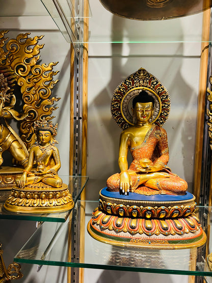 Shakyamuni Buddha Statue 38cm / 15" Hand-Carved Copper Gilded & Painted with Mandorla – Historical Buddha Museum-Quality Collection Nepal
