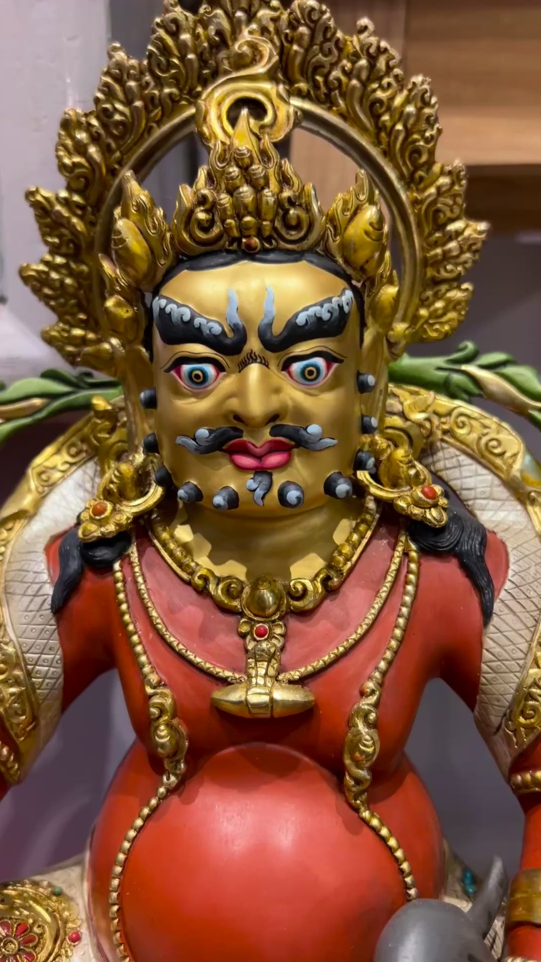 38cm Yellow Jambhala Statue Hand-Carved Copper Painted with Gemstone Inlay & Ornate Throne – Museum-Quality Tibetan Style Wealth Deity Masterwork Nepal | Bo Tree Arts