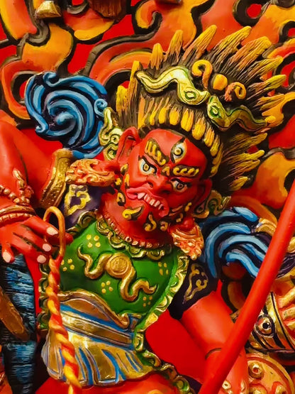 Tsamen Buddha Statue 33cm / 13" Hand-Carved Copper Painted – Red Protector on Horseback Masterwork Handmade in Nepal