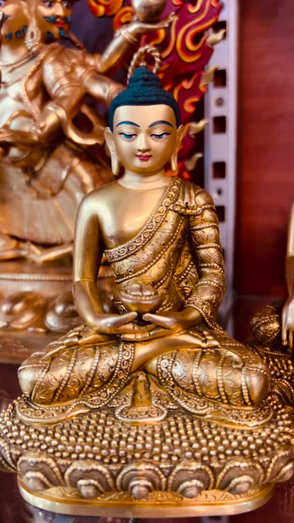 Triple Gem Buddha (Shakyamuni Medicine Buddha Amitabha) Statues 14cm / 5.5" Hand-Carved Copper Gilded – Himalayan Art Nepal