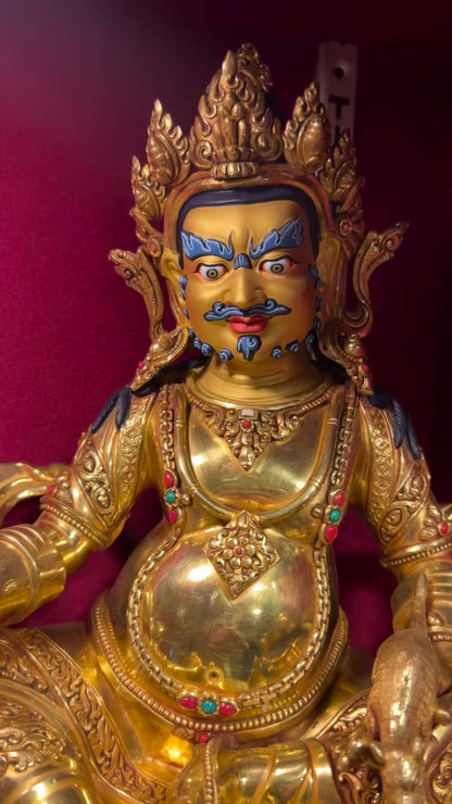 33cm Yellow Dzambhala Hand-Carved Brass Statue – Tibetan Buddhist Wealth Deity, Jambhala Kubera Altar Sculpture from Nepal
