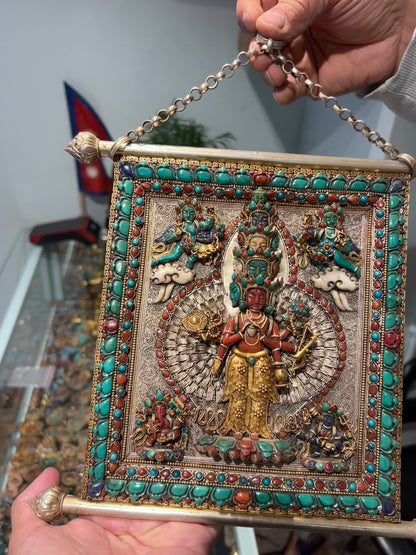 Thousand-Armed Avalokiteshvara Thangka 25cm / 9.8" x 23cm / 9" (31cm / 12.2" with chain) – Silver & Turquoise Inlay Botree Arts Collection